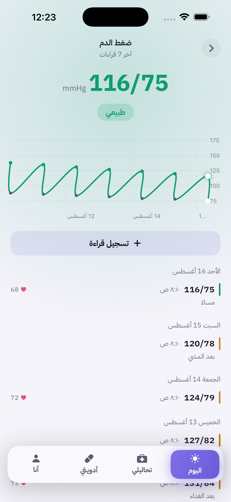 شاشة ضغط الدم في نبض — آخر قراءة وتصنيفها ومنحنى القراءات